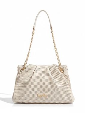 Nicole Miller New York Laser Cut Leather Shoulder Bag NWT Beige Gold Chain NEW